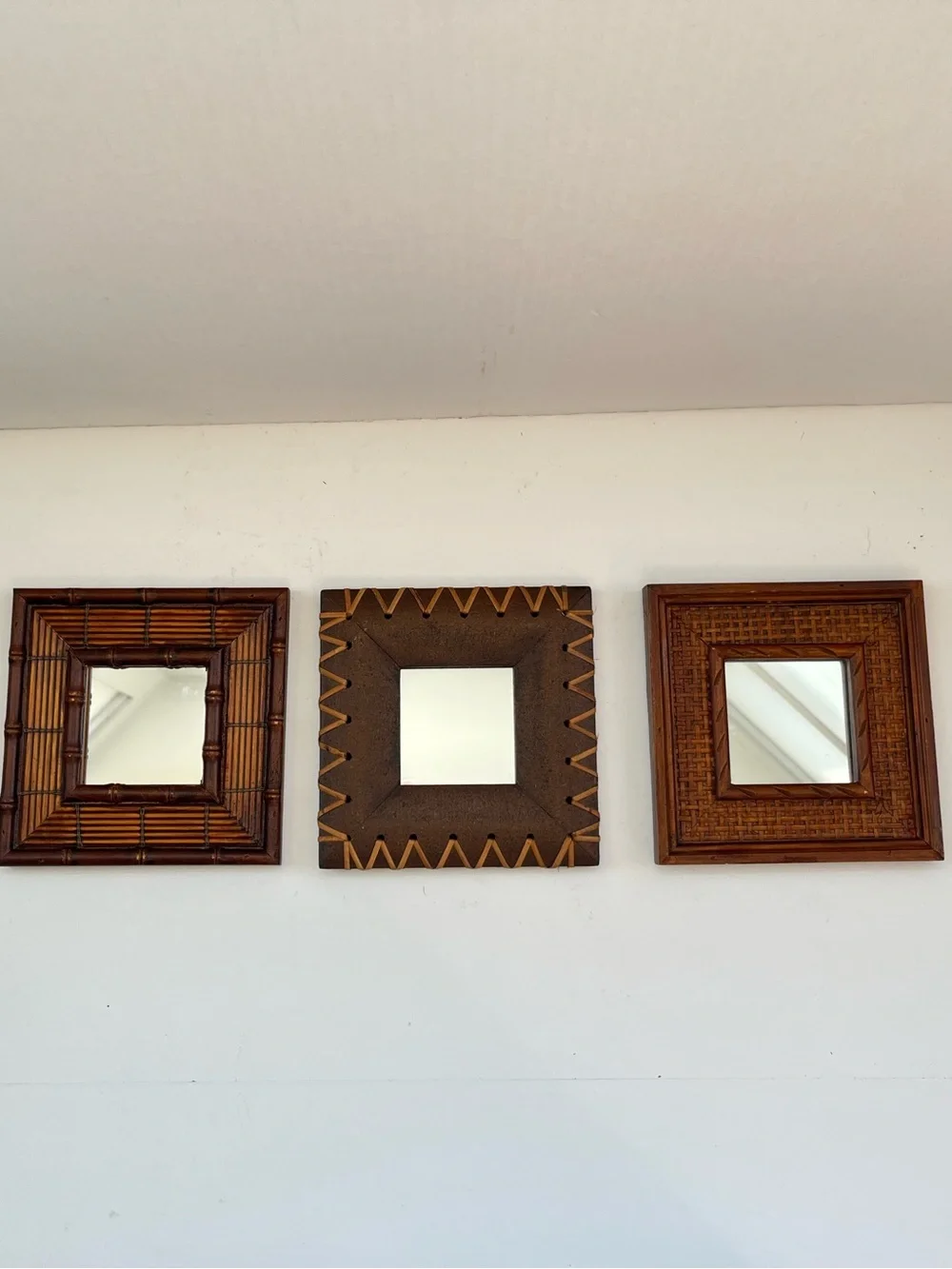 Vintage wall mirror set wood bamboo MCM